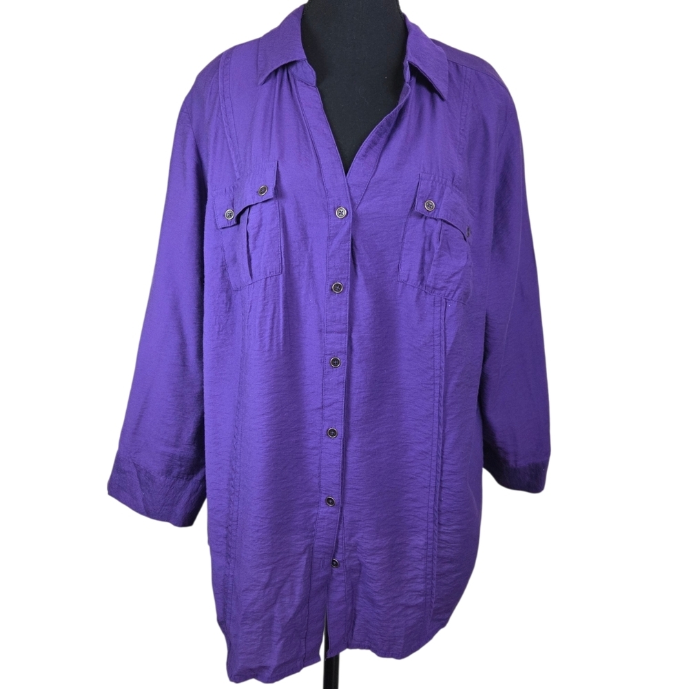 Roz & Ali Purple Button-Up Shirt With Roll Tab Sleeves Size 2X